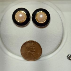 1990s Vintage Black Enamel and Faux Pearl Gold Tone Earrings